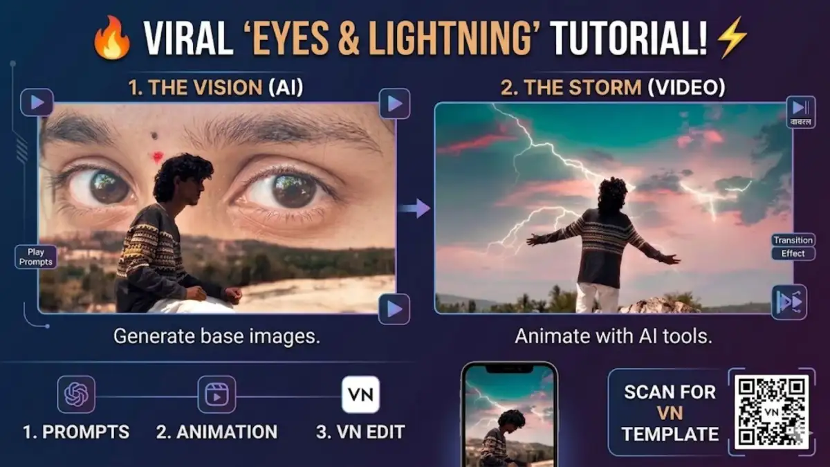 Viral Giant Eyes & Lightning Sky Reels Kaise Banaye? (AI Image to Video + VN Code Tutorial)